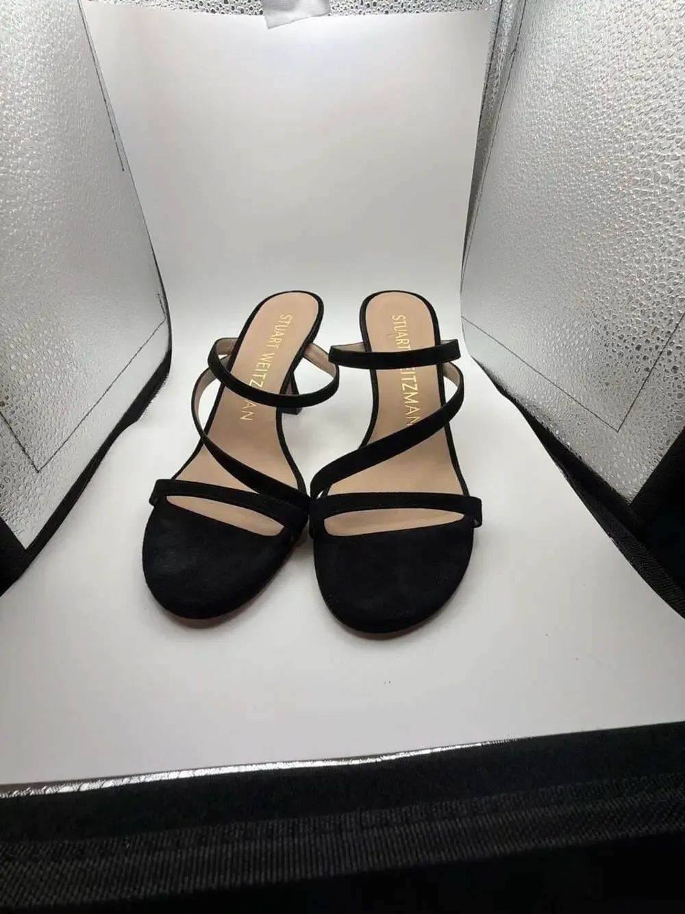Stuart Weitzman Black Suede Strappy Kitten Heel Sandals Size 8